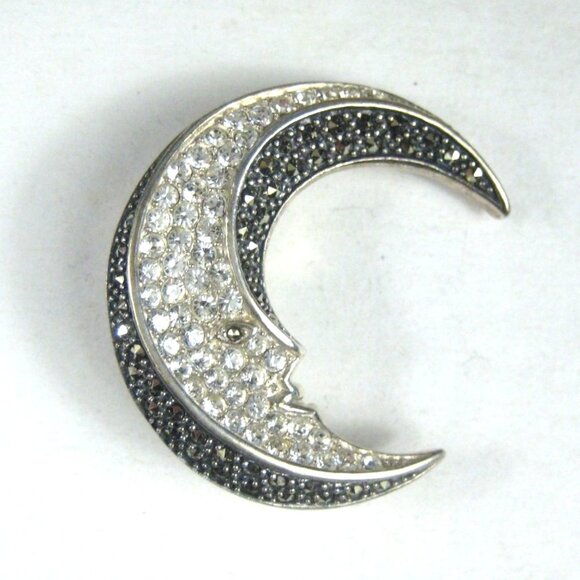 Sterling Silver Crescent Man in Moon Brooch Pin Marcasite Gem C Z 925 Thailand - Picture 1 of 5